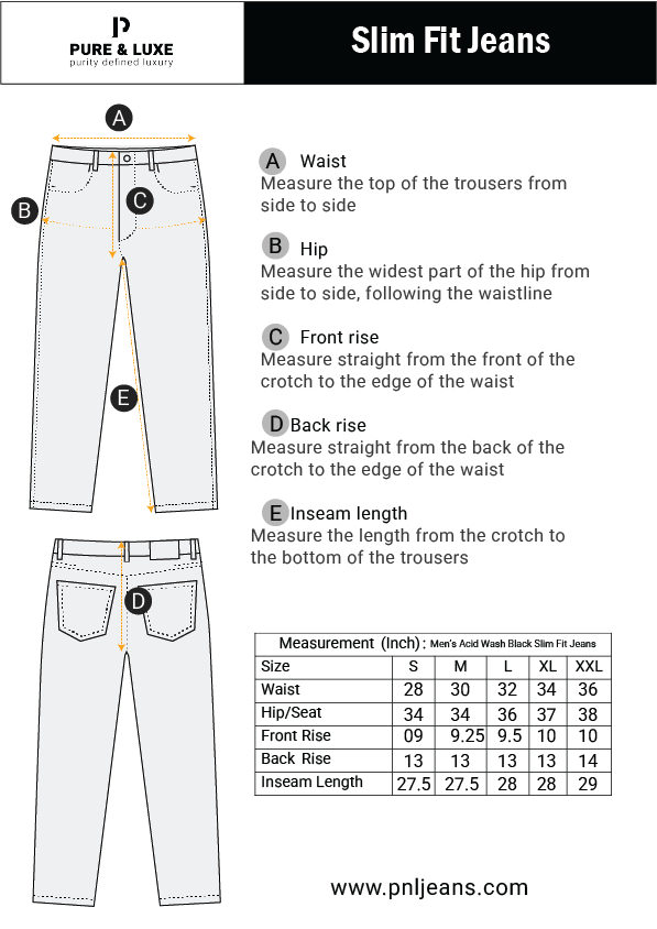Size chart for Slim Fit Jeans showing waist, length, and hip measurements for various sizes. Let me know if your chart includes additional details (e.g., thigh, rise, in cm or inches), and I can refine it further.