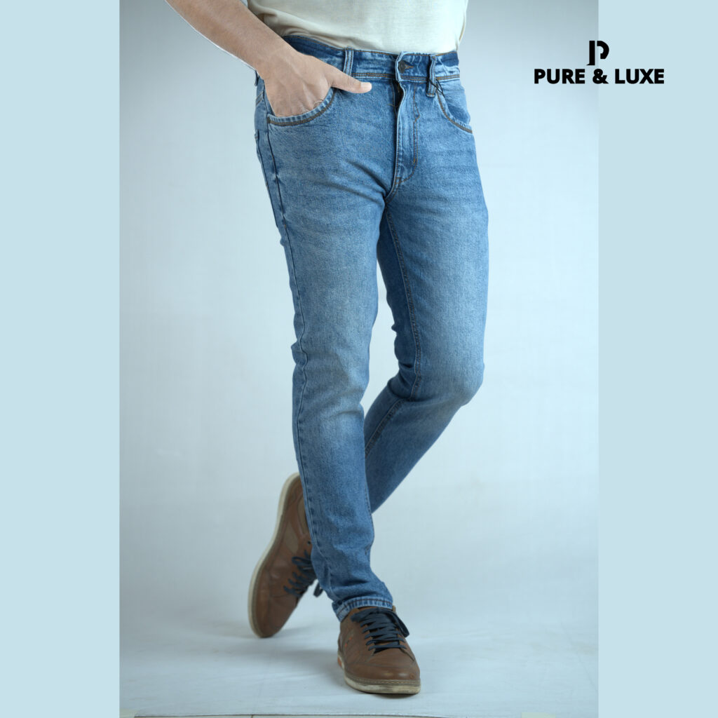 Slim Fit Blue Jeans for men by Pure & Luxe, featuring a light blue wash, modern slim cut, and comfortable stretch denim.