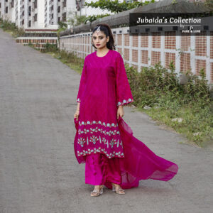 Model in a luxurious magenta muslin-silk 3-piece outfit with intricate floral embroidery, featuring a long kameez, flared palazzo pants, and a sheer dupatta from Jubaida’s Collection.