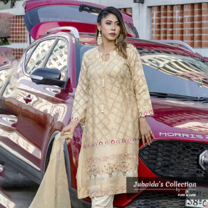 Model wearing a champagne gold embroidered kurti set with floral detailing, part of Jubaida’s Collection by Pure & Luxe, standing in front of a red SUV