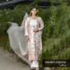 Model wearing Blush Bloom embroidered muslin-silk 3-piece dress in ivory with pink floral designs – Jubaida's Collection