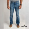 Men’s jeans bootcut with a classic fit, styled with a relaxed cut and slight flare at the hem.