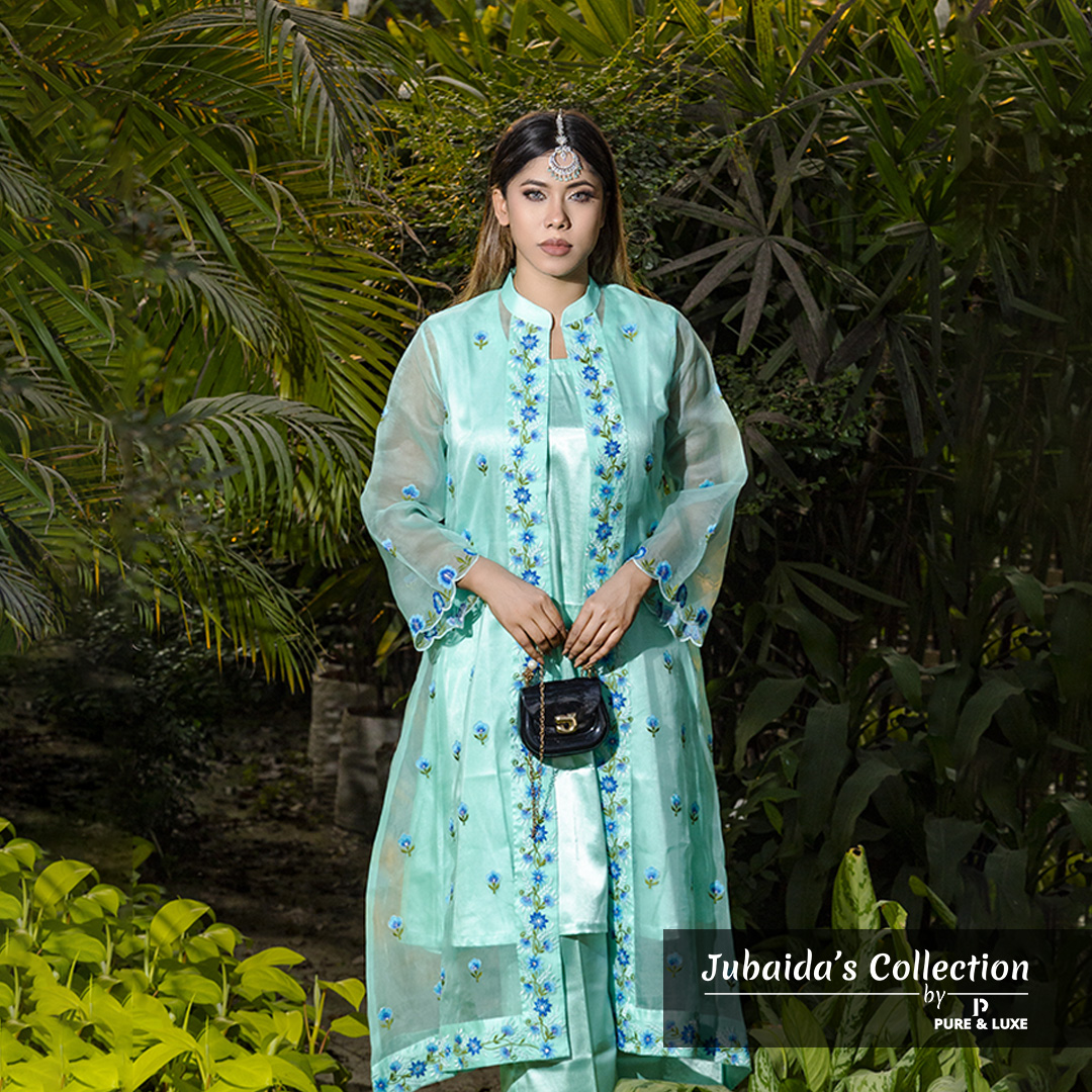 Aqua Muslin-Silk 3-Piece Suit