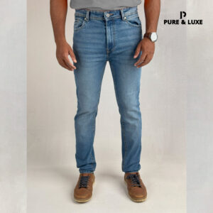 Front view of Mid Blue Slim Fit Jeans – Urban Wash Denim for Men – Pure & Luxe Street Style Look