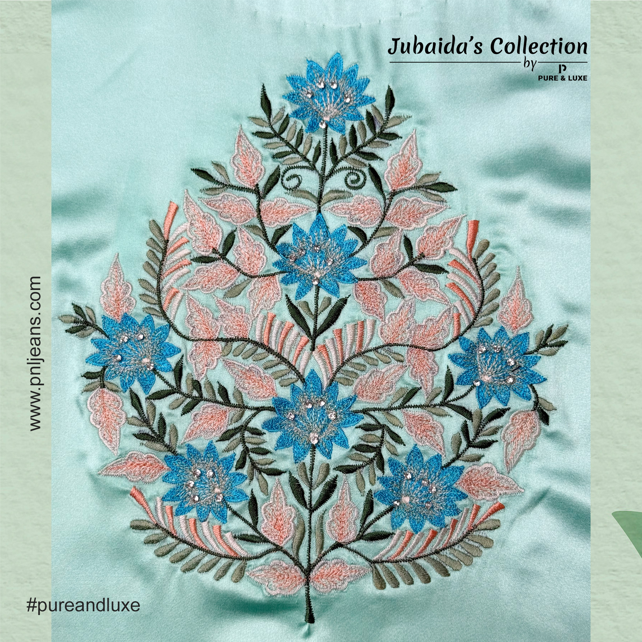 Close-up view of front embroidery on the silk inner layer of the Two-Piece Kurti Set, showcasing fine threadwork on a soft, luxury fabric.