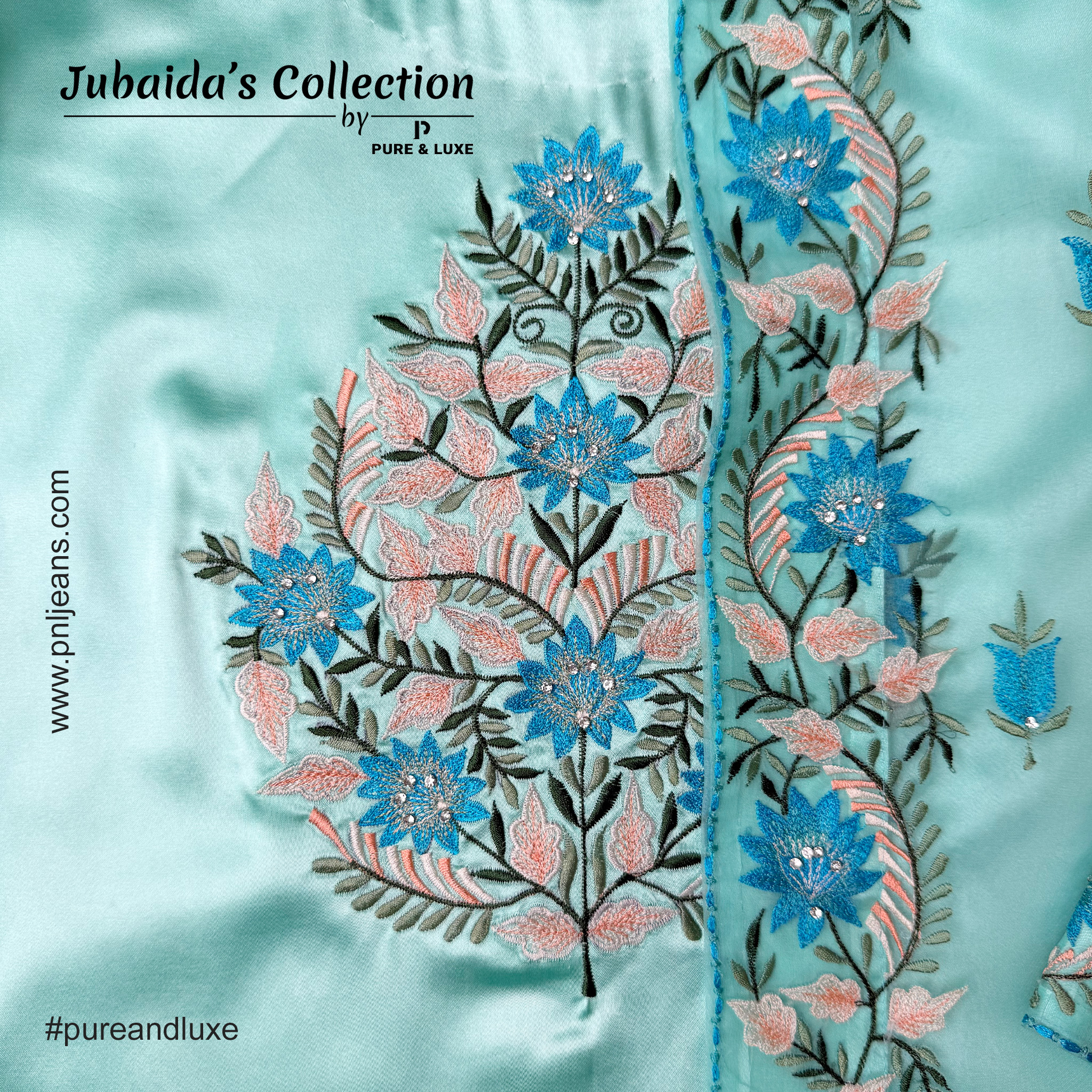 Close-up view of front embroidery on the silk inner layer and muslin outer of the Two-Piece Kurti Set, showcasing fine threadwork on a soft, elegant fabric.