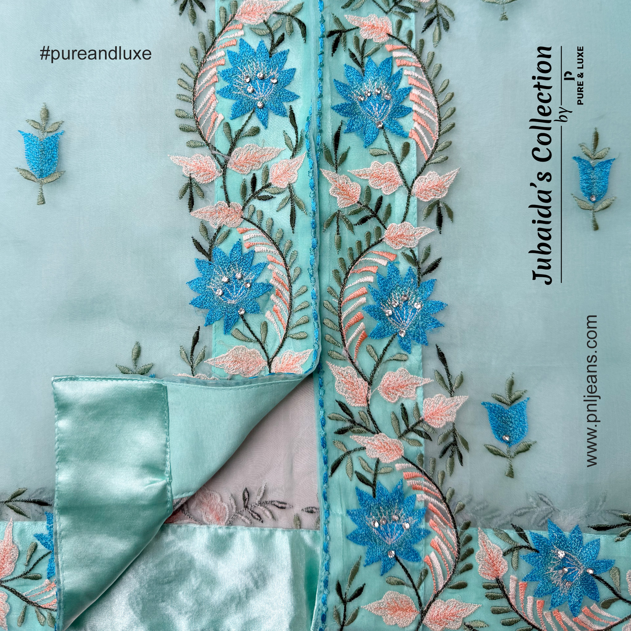 Close-up view of front Bottom embroidery on the muslin ouiter layer of the Two-Piece Kurti Set, showcasing fine threadwork on a soft, elegant fabric.
