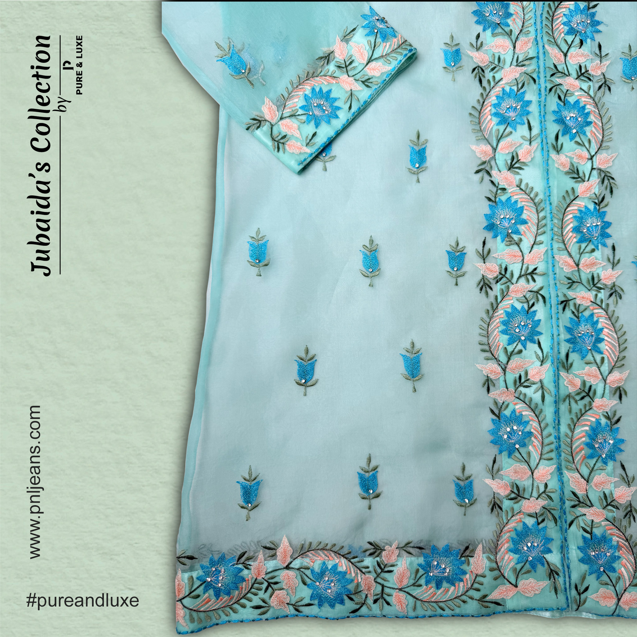 Close-up view of front right bottom embroidery on the silk-muslin Two-Piece Kurti Set, showcasing fine threadwork on a soft, elegant fabric.
