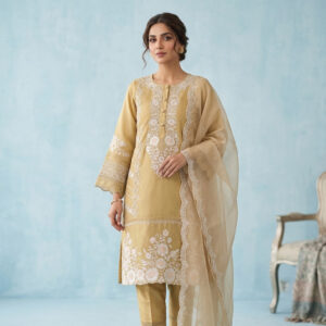 Premium Soft Golden Embroidered Silk-Muslin 3-Piece Set for Women