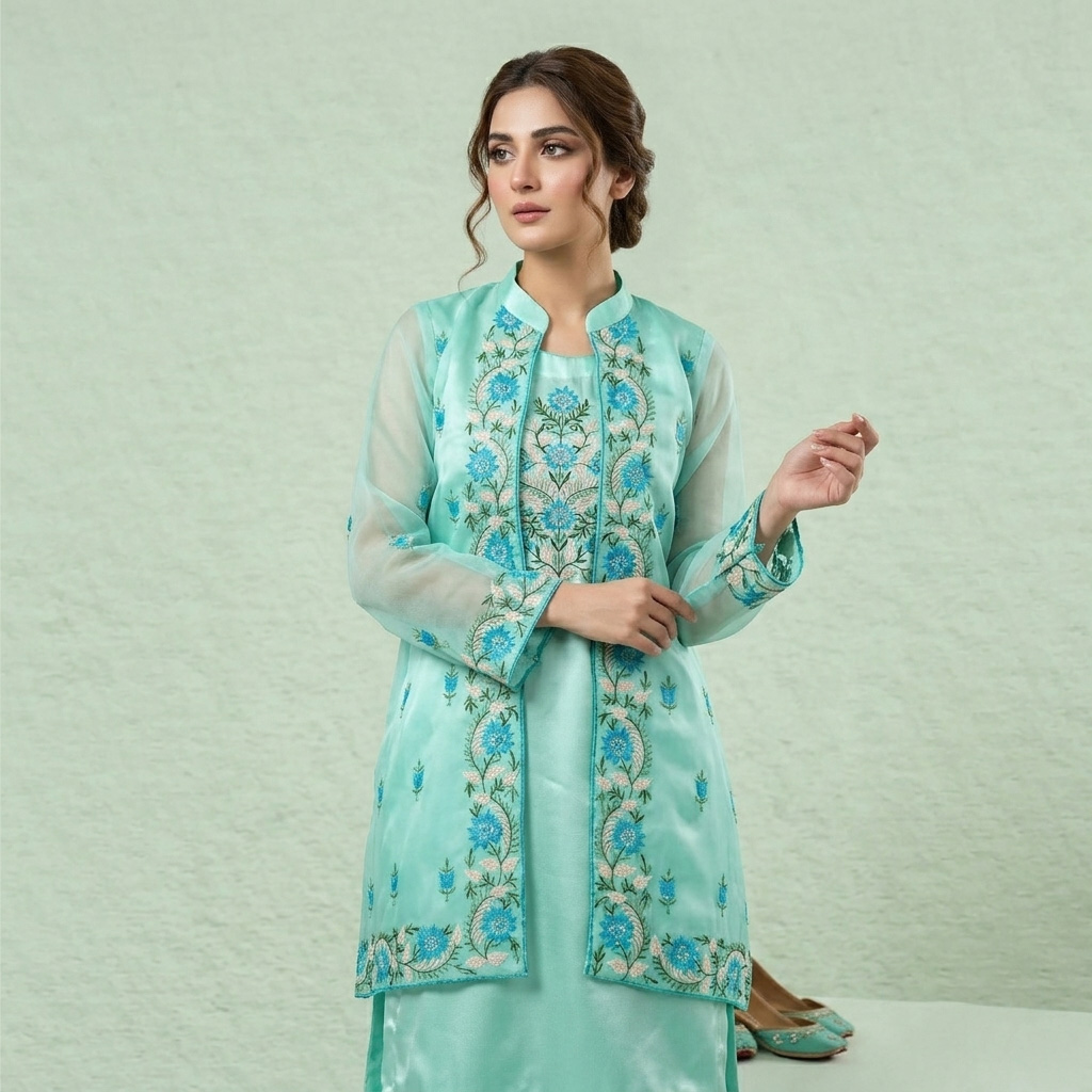 Two-Piece Embroidered Silk-Muslin Kurti Set