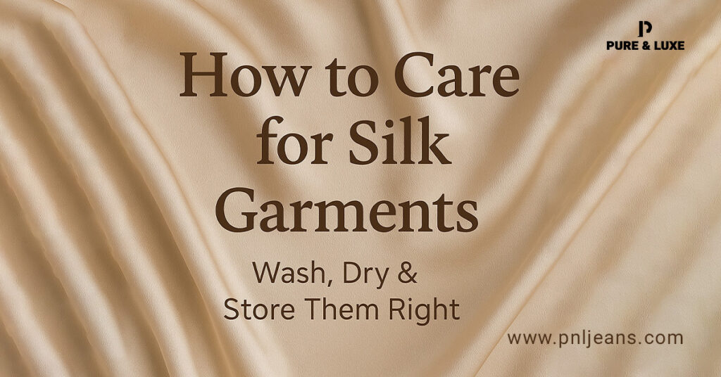 Illustrated blog cover featuring the title “How to Care for Silk Garments” with soft beige background, a folded silk blouse, and laundry icons symbolizing washing, drying, and storage tips.