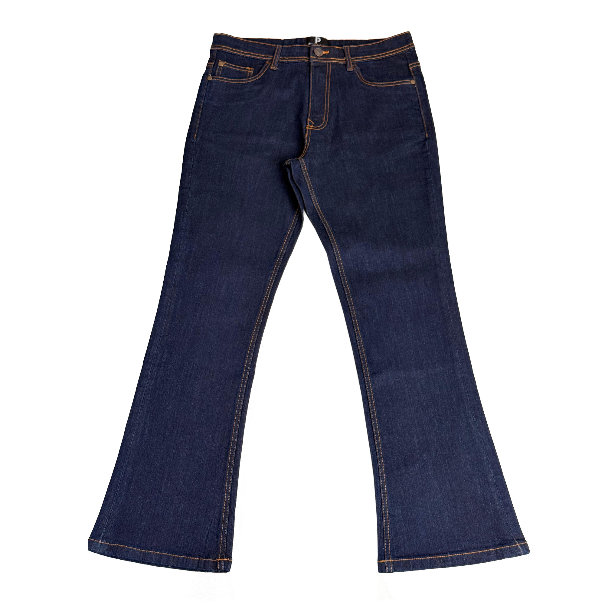 Flat lay view of the front of Indigo Rinse Bootcut Jeans, displaying the brand's signature pocket stitching and the durable 98% cotton fabric texture.