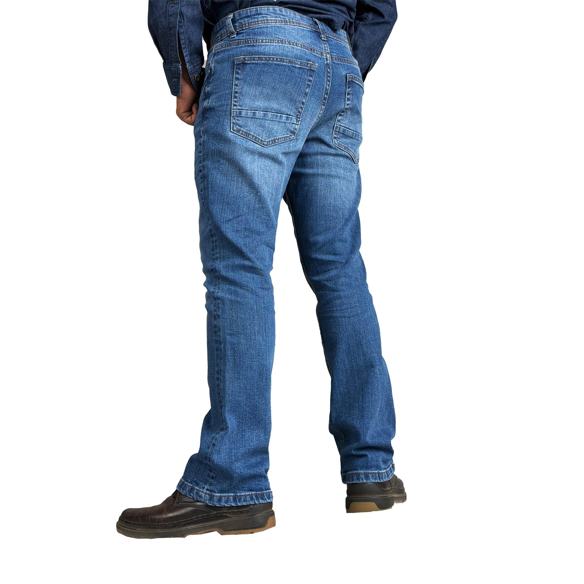 Premium Light Blue Bootcut Jeans for men back side featuring a classic vintage wash and flared leg opening against a clean white background.
