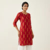 Full Front View of Maroon Short Kurti with Gold Paisley Print and Notched Neckline by PURE & LUXE
