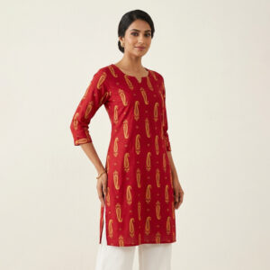 Full Front View of Maroon Short Kurti with Gold Paisley Print and Notched Neckline by PURE & LUXE