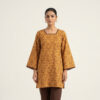 Front View of Mustard Geometric Print Short Kurti with Bell Sleeves by PURE & LUXE Designer Collection