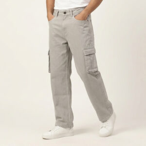 Front view of PURE & LUXE Premium Ash Cargo Fit Jeans showcasing reinforced tactical pockets, heavy-duty stitching, and a structured relaxed fit.