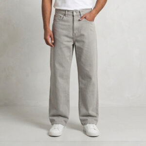 Half model view of Premium PURE & LUXE Ash Grey Baggy Fit Jeans for men featuring a wide-leg urban silhouette