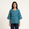 Front View of Teal Short Kurti with Heritage Cycle Print and Bell Sleeves by PURE & LUXE